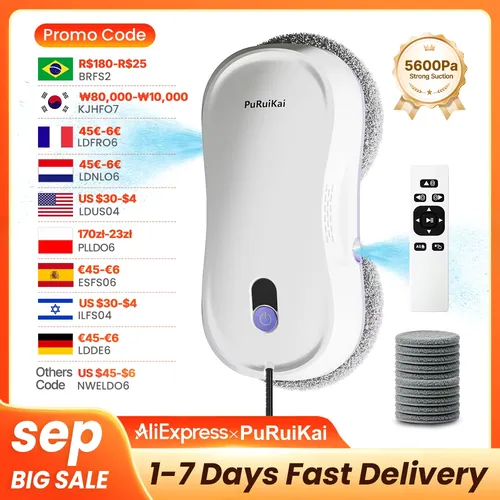 PuRuiKai Window Cleaning Robot Automatic with Auto Dual Spray 5600Pa Suction Remote Control Edge Detection for Home
