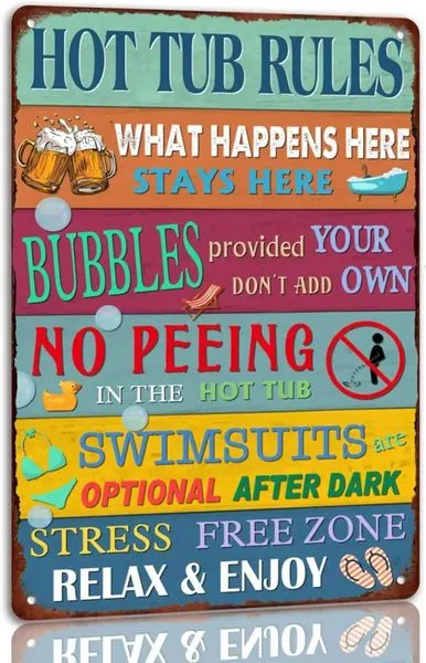 a1Hot Tub Rules Tin Sign Vintage Hot Tub Metal Signs Funny Wall Decor Plaque For Home Bar Bathroom Pool Patio Deck Porch OutdooM251114