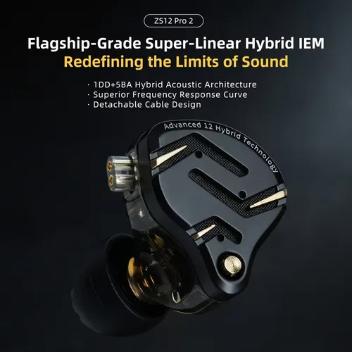 KZ ZS12 PRO 2 1DD + 5BA Hybrid HiFi In Ear Earphones Improved Bass Monitor Headphones Detachable Wire Earbuds Gaming Headest