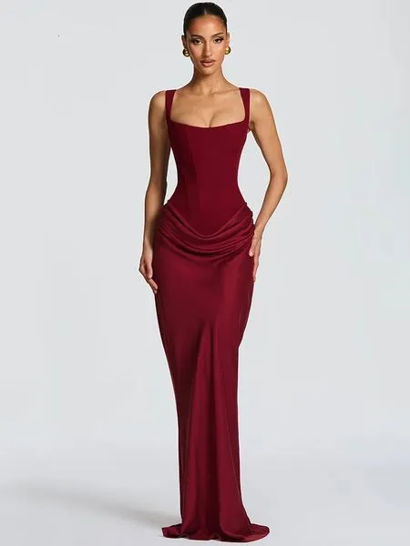 Mozision Elegant Backless Sexy Maxi Dress Women Gown Fashion Square Collar Sleeveless Skinny Ruched Club Party Long Dresses 251231