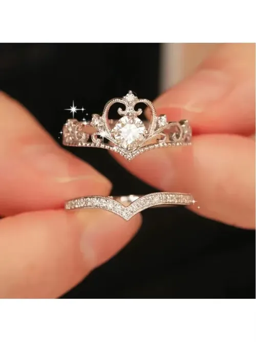 Stainless Steel 2PCS Crystal Crown Adjustable Ring Irregular Geometry Vintage Rings Set for Women Girls New Fashion Jewelry Gift