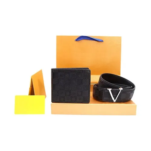 Designer Leather Belt Wallet Set Men Checkered Pattern Genuine Leather V-shaped Buckle Bifold Short Wallet Gift Box Orange Shopping Bag Two-color buckle