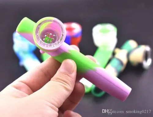 Colorful Portable Silicone tobacco pipe for smoking Unbreakable hand smoking Pipes dry herb spoon pipe with glass bowl