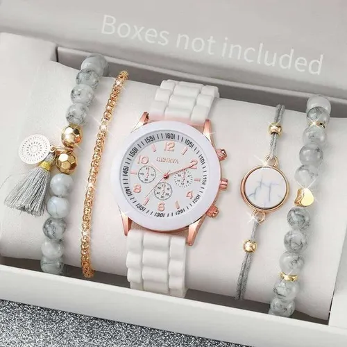 5pcs/set Women White Silicone Band Quartz and Beads Tassels Set H260228