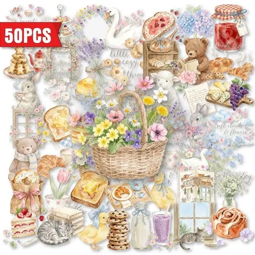 50Pcs French pastoral watercolor flower animal bread PET transparent sticker