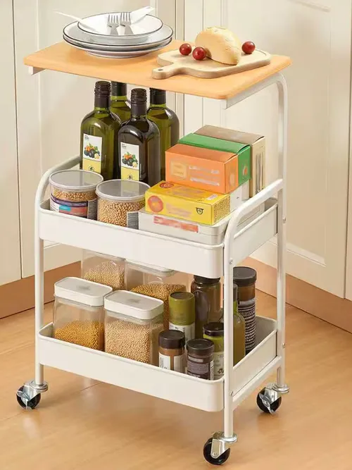 3-Tier Wheeled Rolling Cart with Wooden Table Top & 2 Mesh Storage Trays, Multipurpose Mobile Utility Organizer Trolley with Lockable Swivel Casters, Movable Side End Table for Living Room, Bedroom, Kitchen, Coffee Station, Home & Dorm Storage Solution