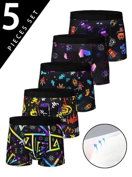 5-piece Mens Trendy Graffiti Pixel Cyberpunk Print Boxer Underwear Comfortable and Casual Fashionable Boxer W250819
