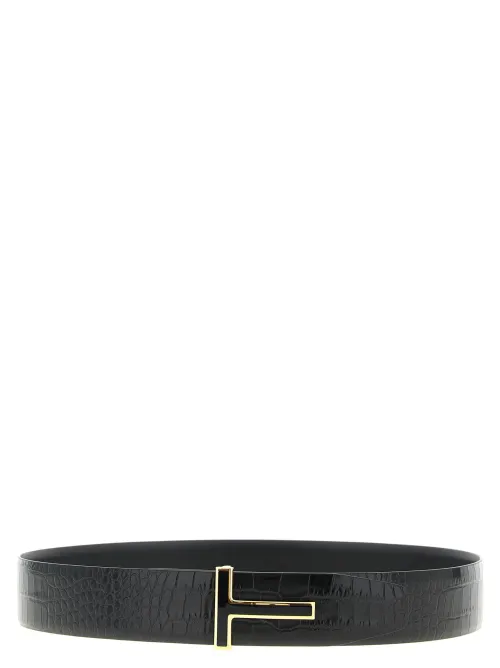 Tom Ford Reversible Crocodile-Effect Leather Belt — Black