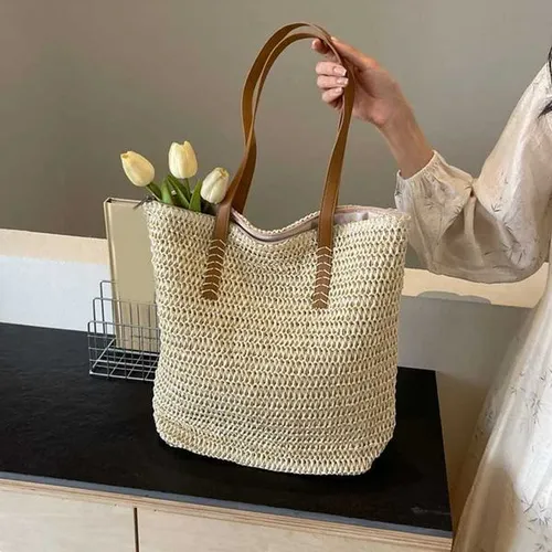 Womens top handbag summer beach straw bucket bag womens handbag wallet casual travel handbagW250504