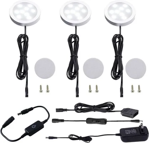 Under Cabinet LED Puck Lighting Kit Black Cord with Touch Dimmer Switch for Kitchen Showcase Cupboard Closet Lighting 3 Lights 6W (Daylight White)