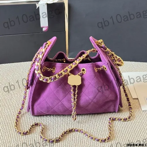 Suede Bucket Mini Designer Ladies Shoulder Bag Genuine Leather Checkered Pattern Gold Hardware Metal Lock Matelasse Chain Handbag Crossbody Shopping Sacoche 22cm