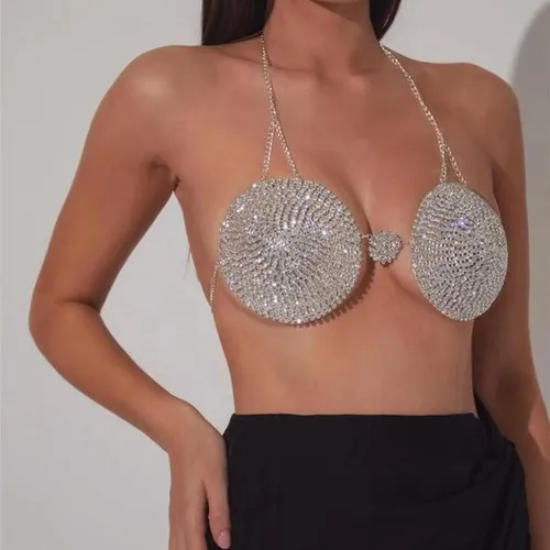 Designer Bestseller Sexy Silver Metal Rhinestone Bra Women's One Size Club Party Exaggerated Shiny Summer 2024 Cross-Border Streetwear