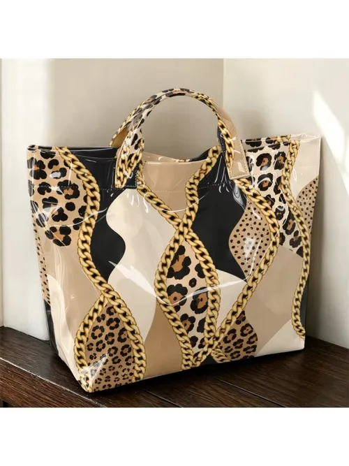 1pc Leopard Metal Chain Stitching Pattern Bright PVC Tote Bag, Retro Luxury Printing, Large-Capacity Handbag, Outdoor Travel Commuting, Storage of Beauty Books, Travel Paraphernalia, Short Handle Handbag.