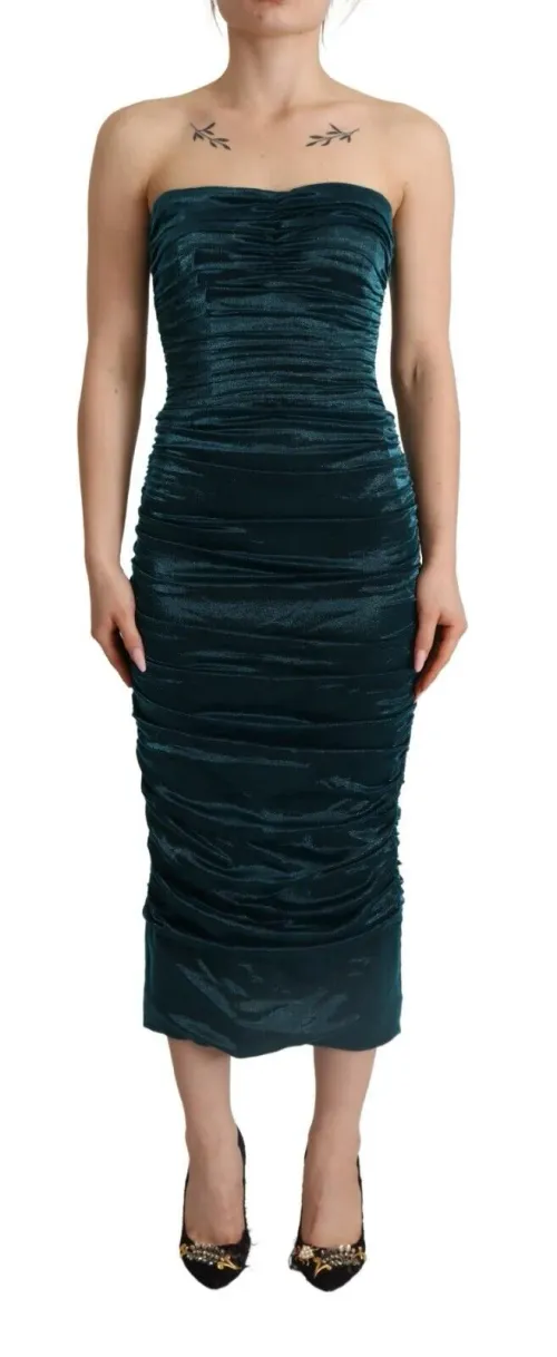 Dolce & Gabbana Bustier Bodice Draped Silk Midi Dress — Turquoise