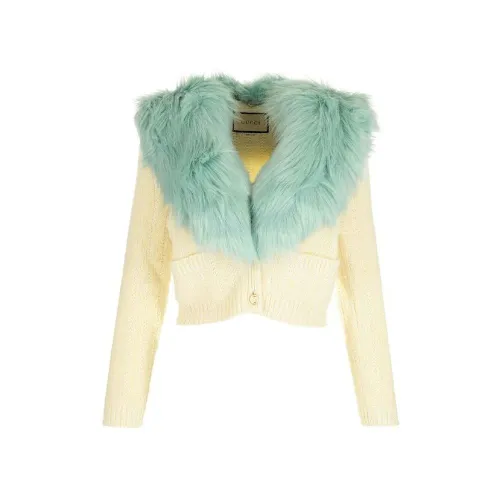 Gucci Faux Fur Collar Wool Blend Cardigan — White