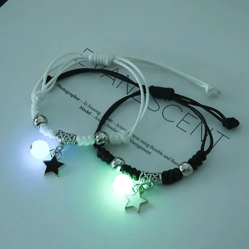 2PC Fashion Luminous Beads Star Couple Bracelet for Women Men Charm Cat Flower Heart Moon Love Matching Friend Bracelet Jewelry
