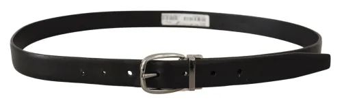 Dolce & Gabbana Leather Chrome Logo Metal Buckle Belt — Black