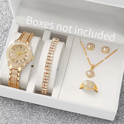 6PCS Fashion Full Diamond Women's Watch Gold Steel Band Analog Quartz Watches Jewelry Set(Without Box)