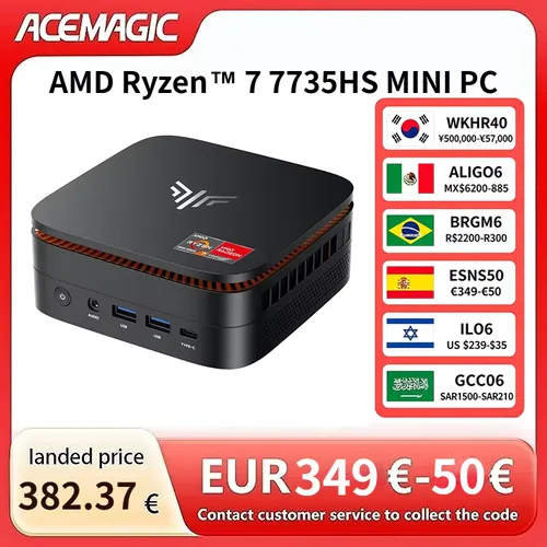 ACEMAGIC Ryzen 7 7735HS Gaming Mini PC 24GB LPDDR5 6400MHz 1TB NVMe SSD Radeon Graphics 8C 16T Desktop Computer 4K Triple Displa