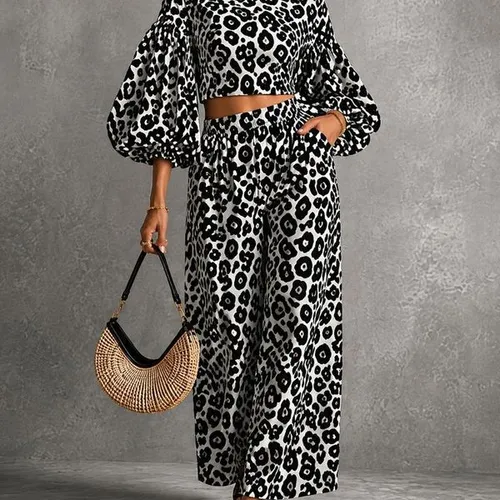 Womens Leopard Print Matching 2 Piece Set Puff Sleeve Cropped Blouse High Waist Wide Leg Trousers Casual Loose Outfit For Holiday Beach Daily Wear