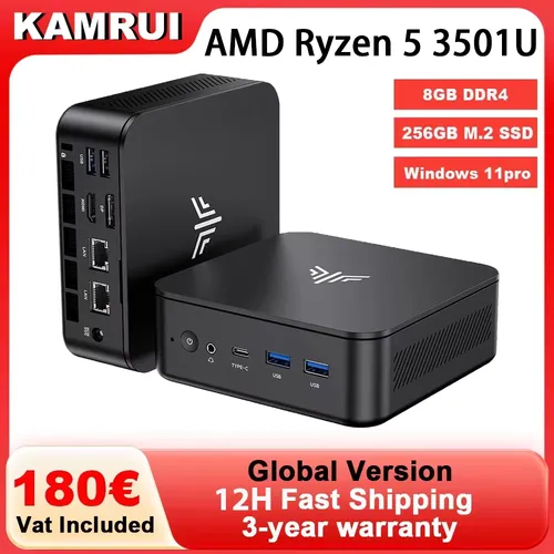 KAMRUI Mini PC Ryzen 5 3501U 8GB DDR4 256GB M.2 SSD Windows11Pro WiFi5 Dual 4K Display Mini Desktop Computer for Office Business