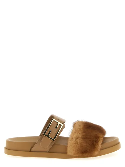 Fendi Fur-Trimmed Leather Slide — Brown