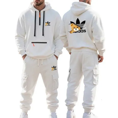 Autumn and Winter Printed New Mens Velvet Hoodie Work Clothes Pants Set Sports Fashion Leisure Multi Pocket 2-piece SetT260312
