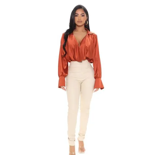 Women Elegant Satin Wrap Blouse Lapel Collar V Neck Long Flare Sleeve Loose Fit Shirt Top Soft Silky Fabric Casual Daily Office Wear For Ladies