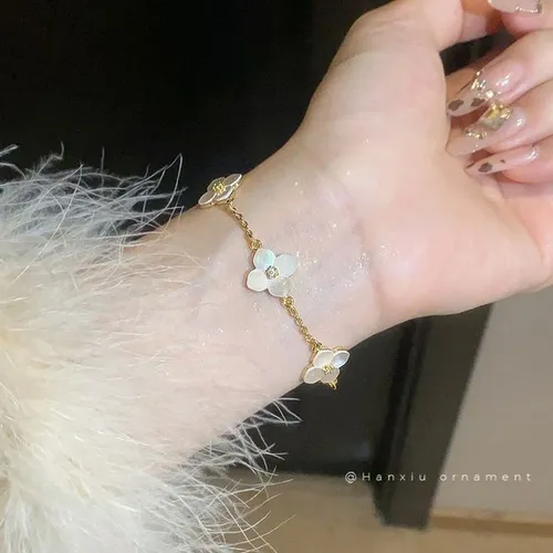 Real Gold Plated Zircon Mother-of-Pearl Flower Bracelet Light High-End Feel Fashionable Versatile Jewelry for Women