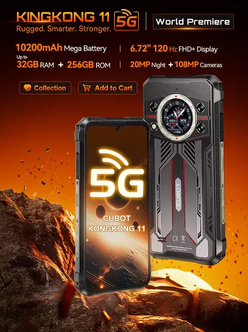 Cubot Rugged Smartphone 5G King Kong 11, Android 15, Up to 32GB RAM+256GB ROM, 108MP Camera, 10200mAh, Dual Screen, MTK7025, 6nm