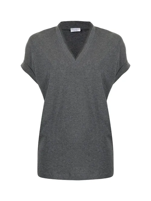 Brunello Cucinelli Women Cap-Sleeve Knit T-Shirt — Gray
