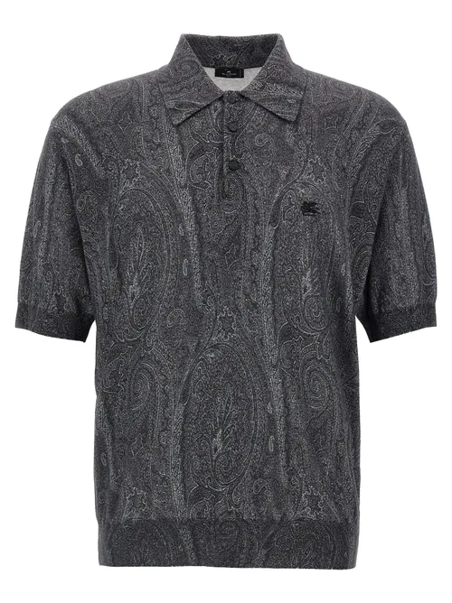Etro Paisley-Jacquard Silk-Cashmere Polo Shirt — Gray