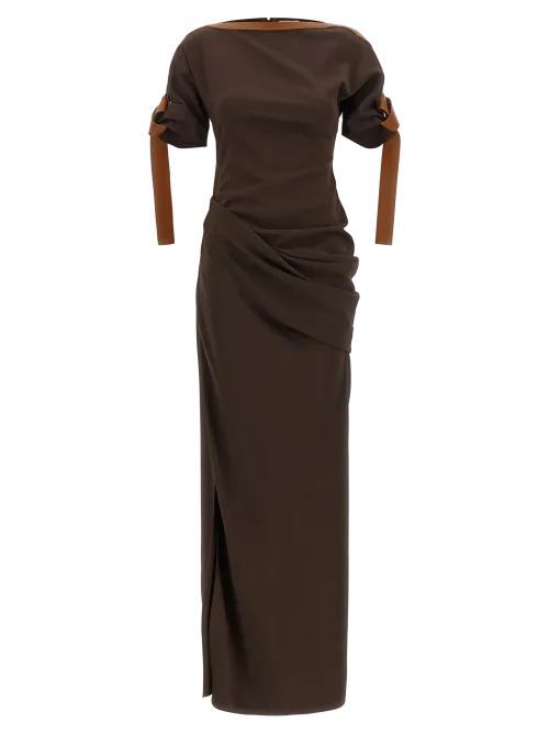 Ferragamo Asymmetrical Drape Long Dress — Brown