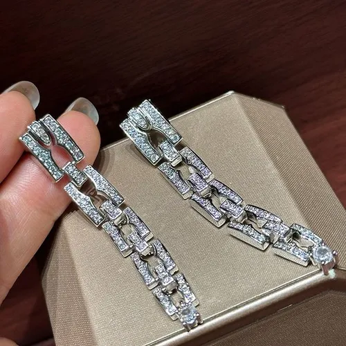 Sier Needle Inlaid Zircon Square Chain Pendant Exquisite Elegant Commuting Versatile Earrings Light High-end Feel Ear Jewelry
