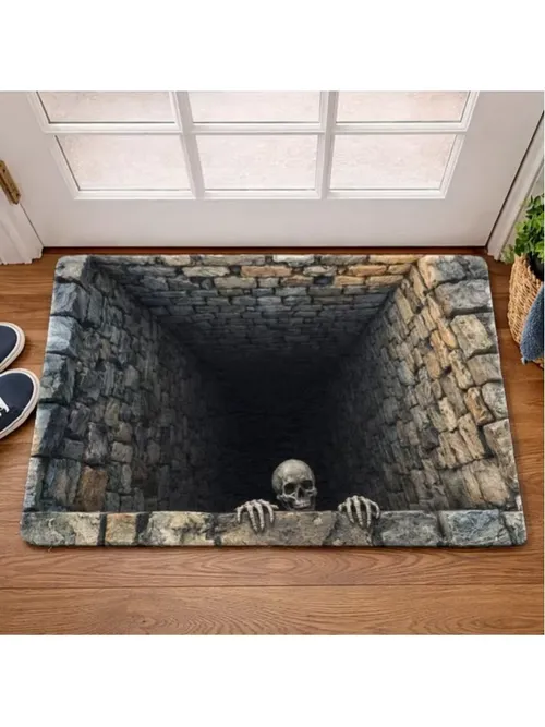 1pc 2D Flat Printing Flannel Material Door Mat, Outdoor Courtyard Door Mat, Skull Stone Wall Horror Style Flannel Floor Mat, Durable And Machine Washable