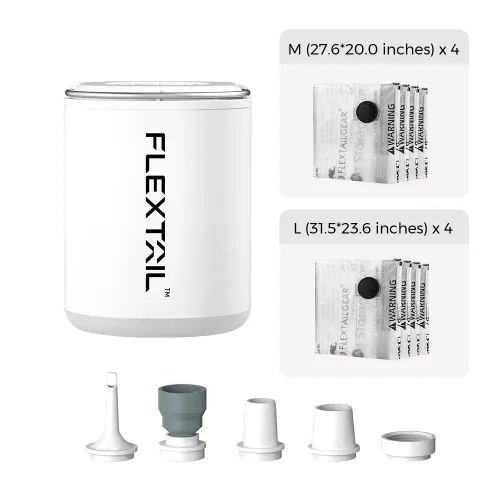 TINY PUMP 2X - Ultimate 3-in-1 Outdoor Pump with Camping Lamp - White / Pump and Vacuum Bags