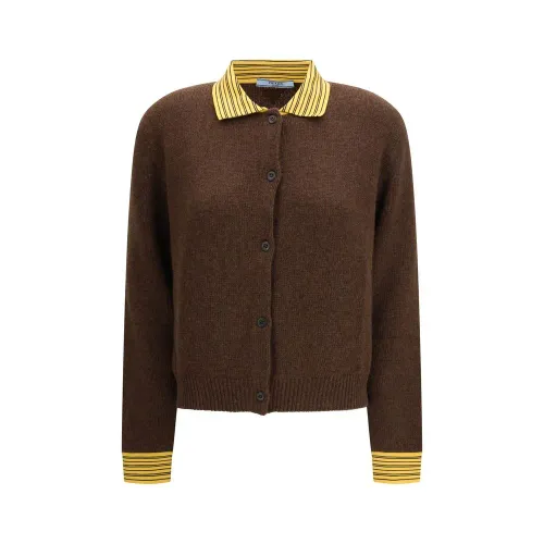 Prada Striped-Collar Cashmere Cardigan — Brown
