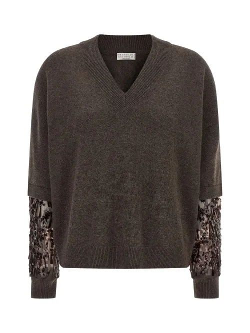 Brunello Cucinelli Embellished Cashmere Sweater — Brown