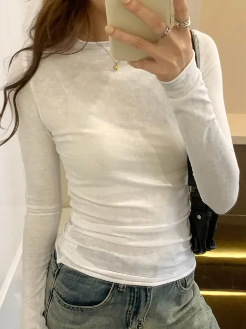 Spring T shirt Women Tops Solid Long Sleeve Ruched O Neck Tshirts Female Korean Casual Streetwear High Quality Base Tees 2026
