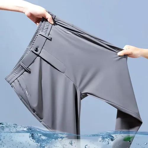 Ultra-thin Elastic Men's Casual Trousers Summer Quick-drying Ice Silk Slim Straight Business Solid Color Trousers Black Gray
