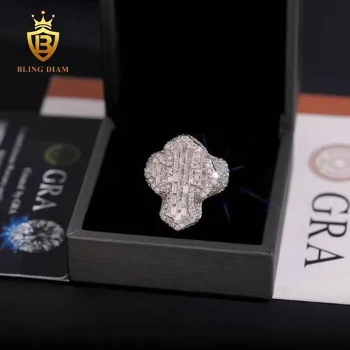 Wuzhou Blingdiam Jewelry R9095 Cowboy 925 Sterling Silver Moissanite Cross Band Ring, VVS Round Brilliant Cut Channel-Set Silver Jesus Cross Jewelry