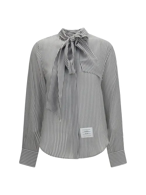 Thom Browne Striped Silk with Removable Collar Shirt — Gray