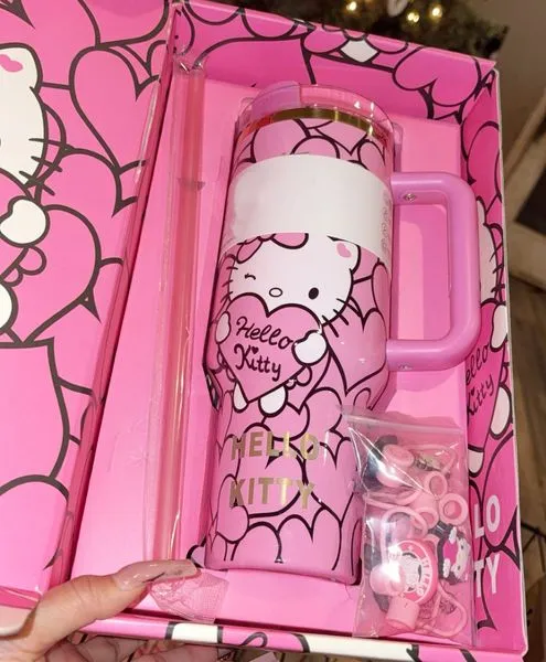 40 oz Valentines Day Tumblers Pink Red Hearts Cute Kitty Cups Stainless Steel Insulated Travel Car Mugs Large Sports Water Bottles With Handle And Straw To M260227