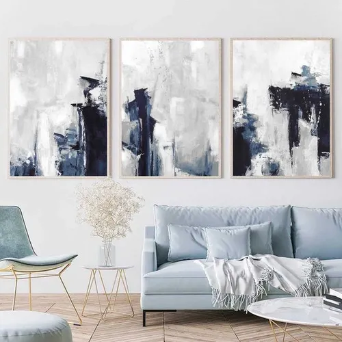 Blue and Grey Abstract Wall Art Prints Watercolor Brushstroke Art Painting Canvas Poster Modern Minimalist Wall Pictures DecorM251114