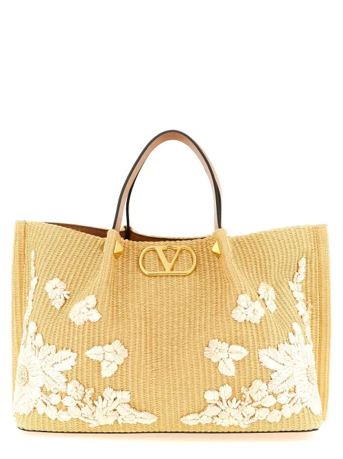 Valentino Garavani Floral-Embroidered Woven Raffia Tote Bag — Beige
