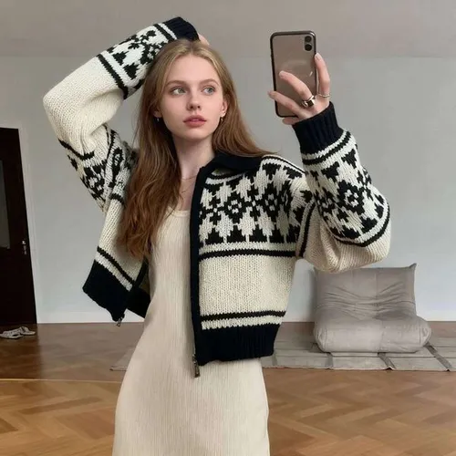 NEW Korean Gentle Touch Winter Retro Cardigan Chic Jacquard Zipper Knitted Sweater Cozy Jacket XJ260305