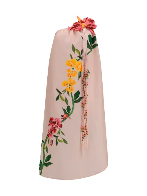 Farm Rio One-Shoulder Linen with 3D Floral Appliquรฉ Dress โ Pink