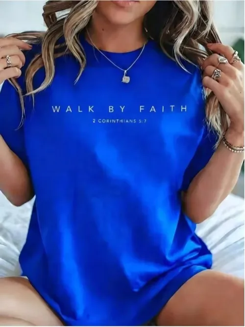 Summer Tops100% Cotton Walk By Faith Christian Bible Verse (Front And Back Design) T-Shirt Summer Tops For WomenLoose And Comfor