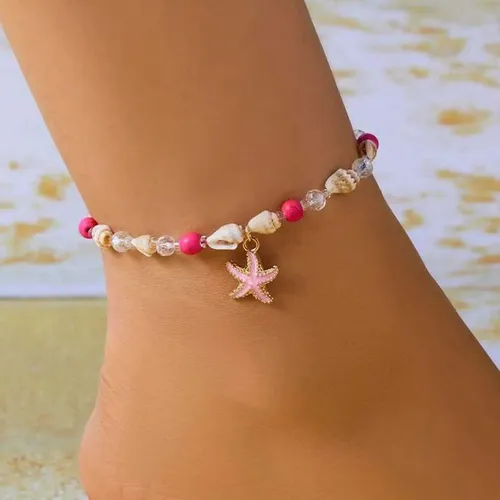 Bohemian Beach Pink Metal Shell Anklet for Women Trendy Handmade Starfish Conch Rice Bead On The Leg Summer Jewelry H260325