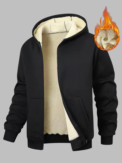 Men's Fleece-Lined and Thickened Winter sherpa Hooded Sports Sweatshirt Cardigan, Casual Warm Jacket